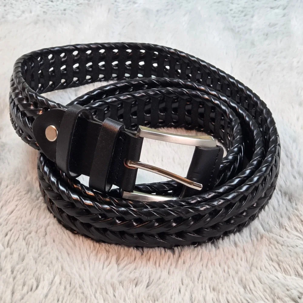Braided Belt Mens Sz 135 Woven Leather‎ Silver Tone Buckle Solid Black